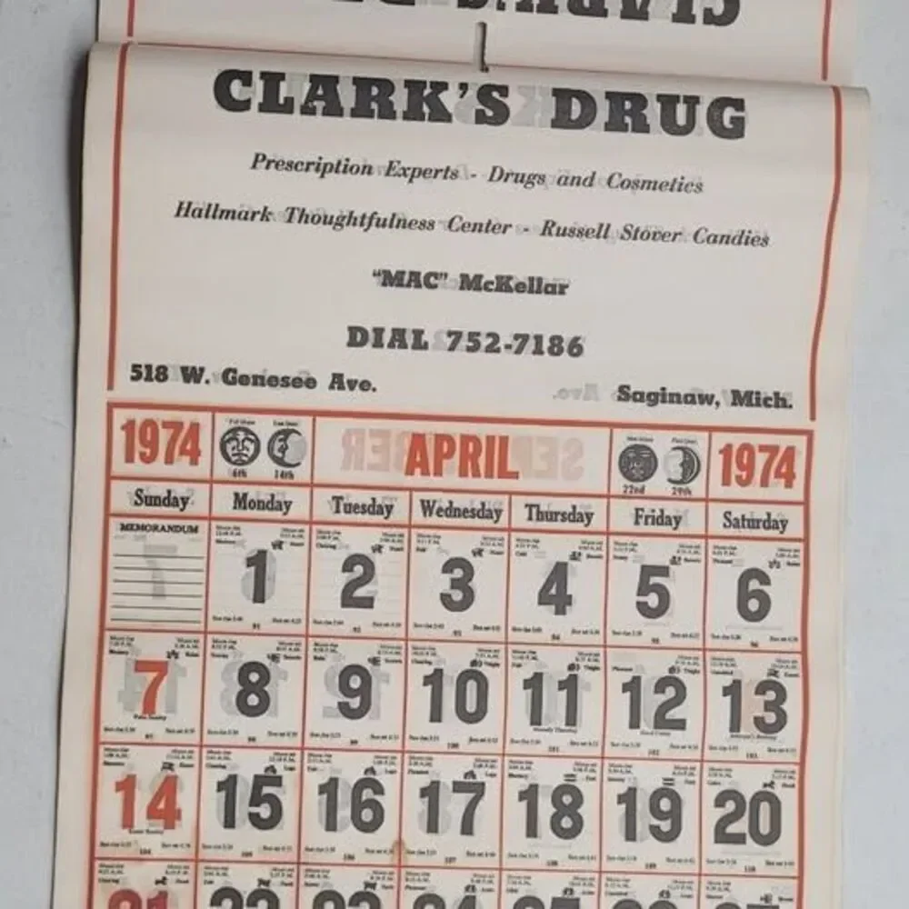 Vintage 1974 Clark's Drug Advertising Calendar